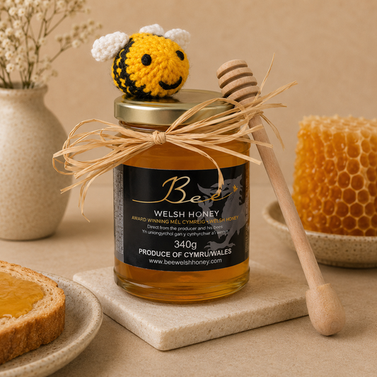 Bee Welsh Honey, Gift Wrapped Honey with Bee and Dipper
